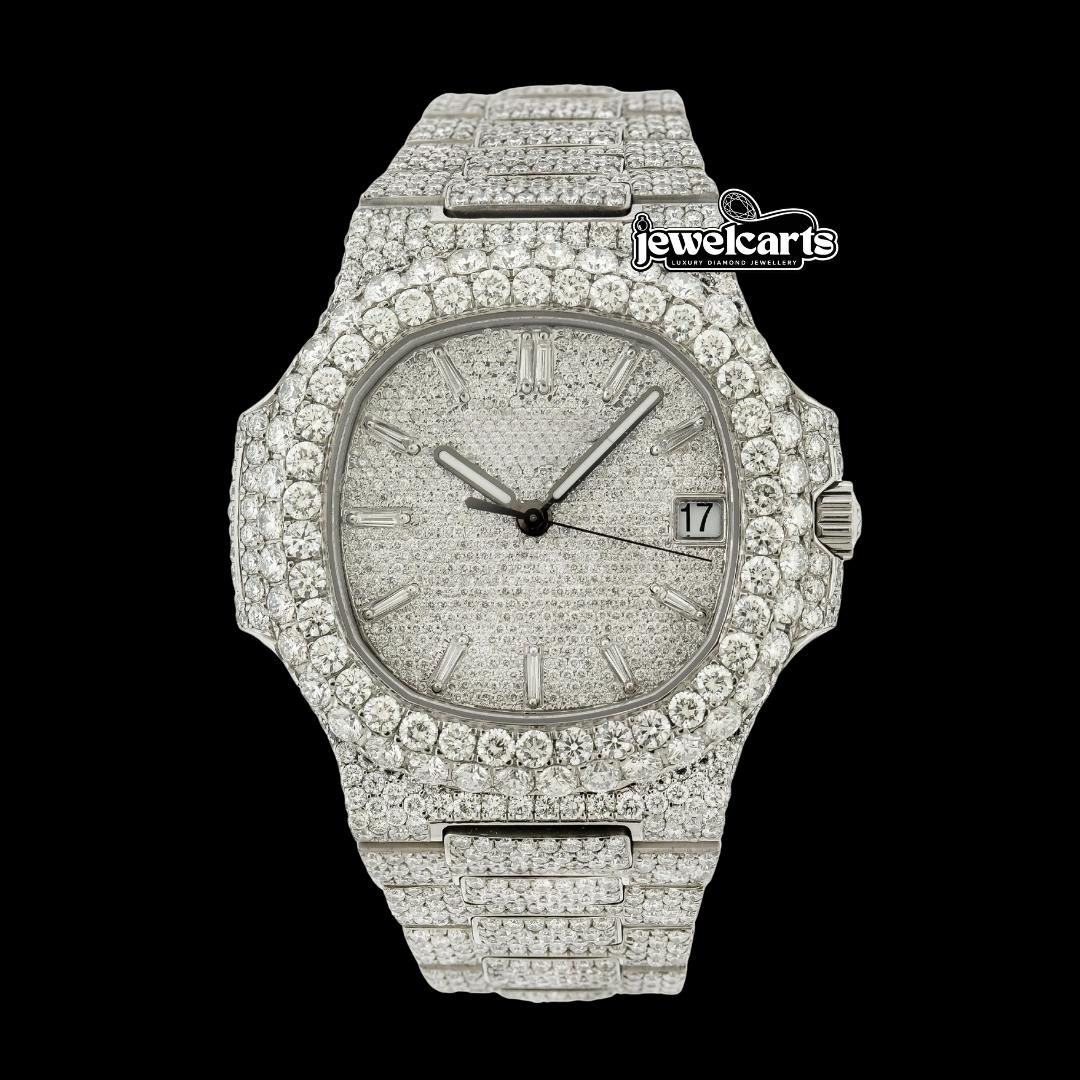 Patek Philippe Nautilus Diamond Pave Dial White Stick Markers Iced Out Moissanite Watch Front View