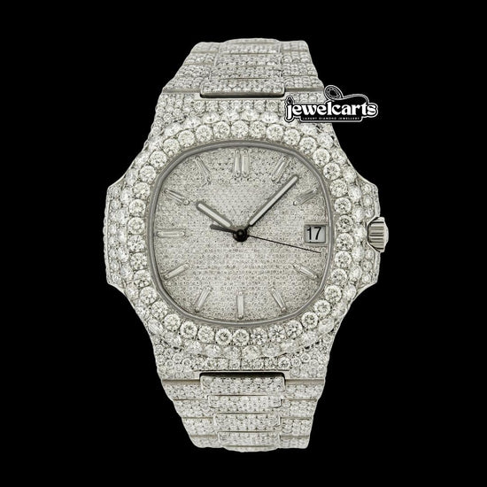 Patek Philippe Nautilus Diamond Pave Dial White Stick Markers Iced Out Moissanite Watch Front View