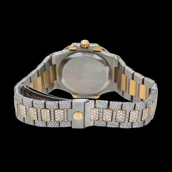 Patek Philippe Nautilus Diamond Pave Stick Markers Dial Two Tone Yellow Gold Moissanite Watch Caseback View