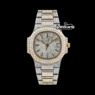 Patek Philippe Nautilus Diamond Pave Stick Markers Dial Two Tone Yellow Gold Moissanite Watch