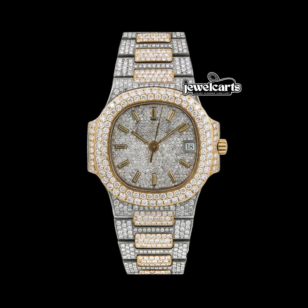 Patek Philippe Nautilus Diamond Pave Stick Markers Dial Two Tone Yellow Gold Moissanite Watch Front View