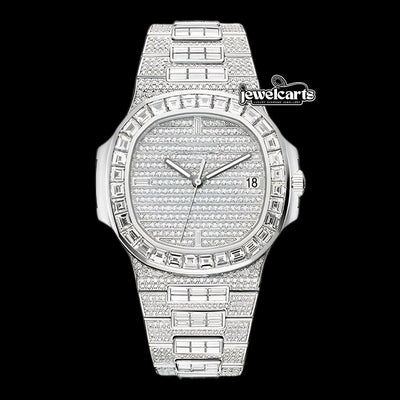 Patek Philippe Nautilus Fully Iced Out Baguette Moissanite Diamond Watch