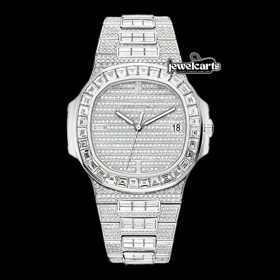 Patek Philippe Nautilus Fully Iced Out Baguette Moissanite Diamond Watch Front View