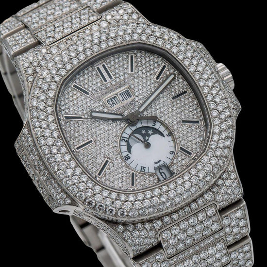 Patek Philippe Nautilus Moonphase Dial Stick Markers Fully Iced Out Moissanite Watch Close Up Dial View