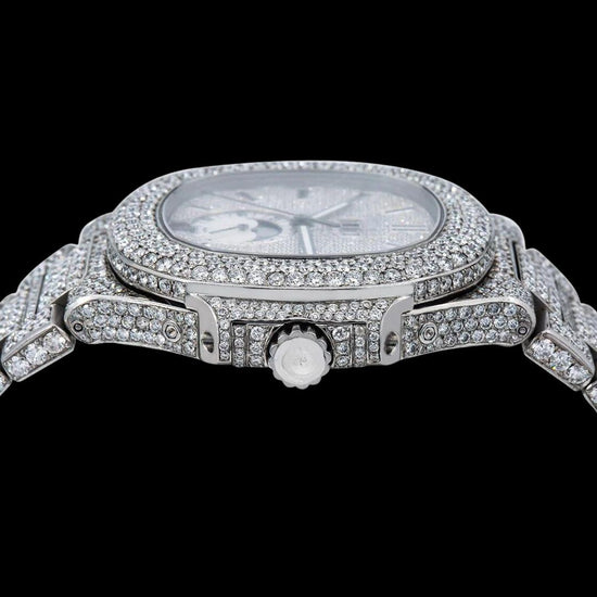 Patek Philippe Nautilus Moonphase Dial Stick Markers Fully Iced Out Moissanite Watch Crown View