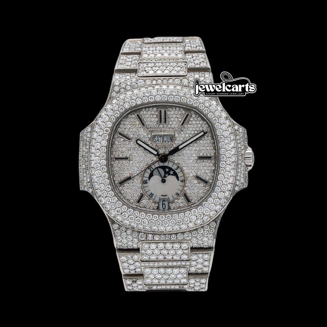 Patek Philippe Nautilus Moonphase Dial Stick Markers Fully Iced Out Moissanite Watch Front View