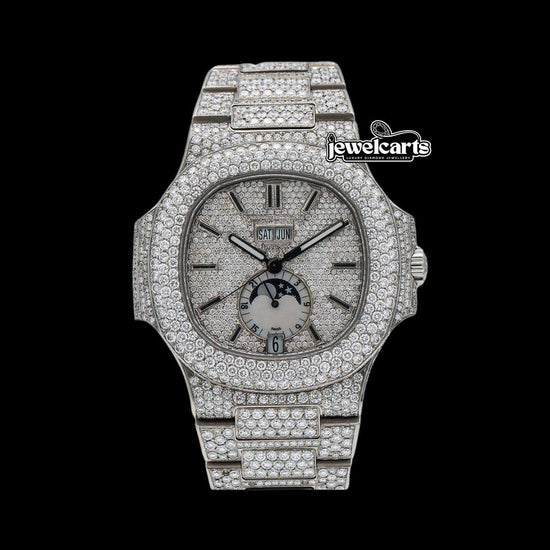 Patek Philippe Nautilus Moonphase Dial Stick Markers Fully Iced Out Moissanite Watch Front View