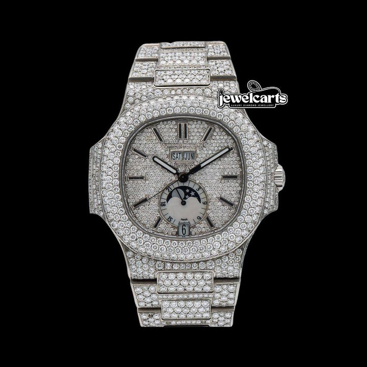 Patek Philippe Nautilus Moonphase Dial Stick Markers Fully Iced Out Moissanite Watch Front View