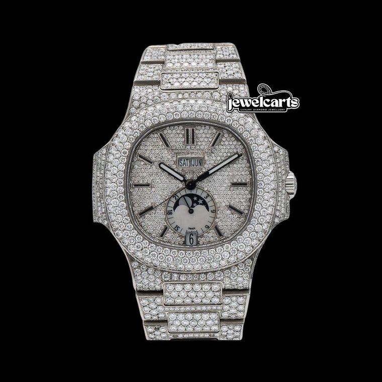 Patek Philippe Nautilus Moonphase Dial Stick Markers Fully Iced Out Moissanite Watch Front View