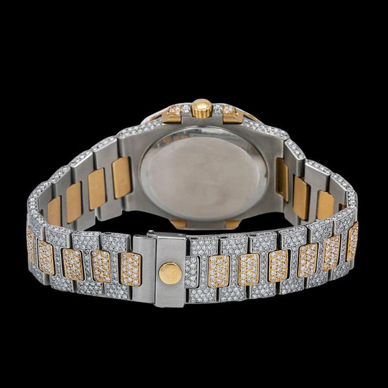 Patek Philippe Nautilus Stick Markers Black Dial Two Tone Yellow Gold Iced Out Watch Caseback View