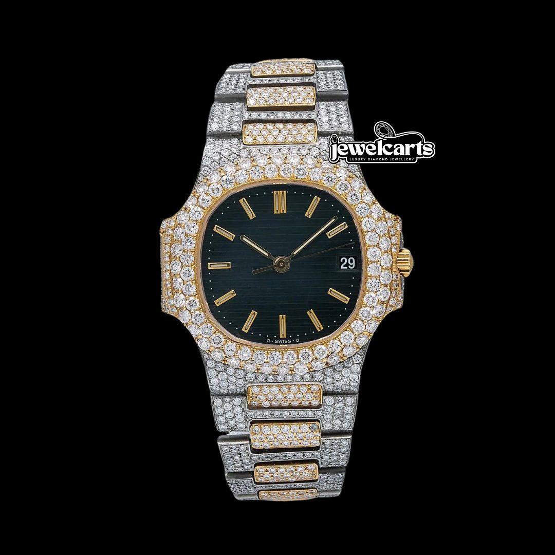 Patek Philippe Nautilus Stick Markers Black Dial Two Tone Yellow Gold Iced Out Watch Front View