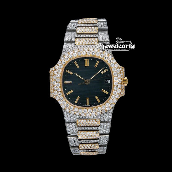 Patek Philippe Nautilus Stick Markers Black Dial Two Tone Yellow Gold Iced Out Watch Front View