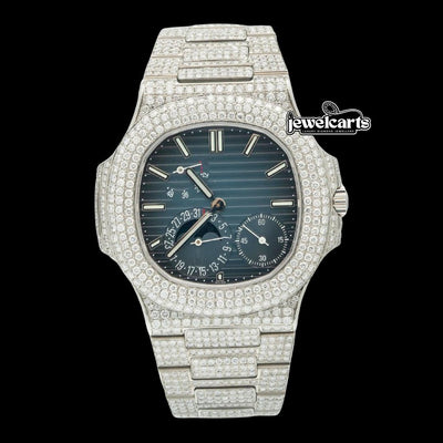Patek Philippe Nautilus Stick Markers Blue Dial Moonphase Fully Iced Out Moissanite Watch