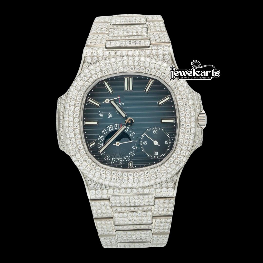 Patek Philippe Nautilus Stick Markers Blue Dial Moonphase Fully Iced Out Moissanite Watch Front View