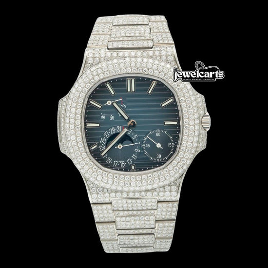 Patek Philippe Nautilus Stick Markers Blue Dial Moonphase Fully Iced Out Moissanite Watch Front View