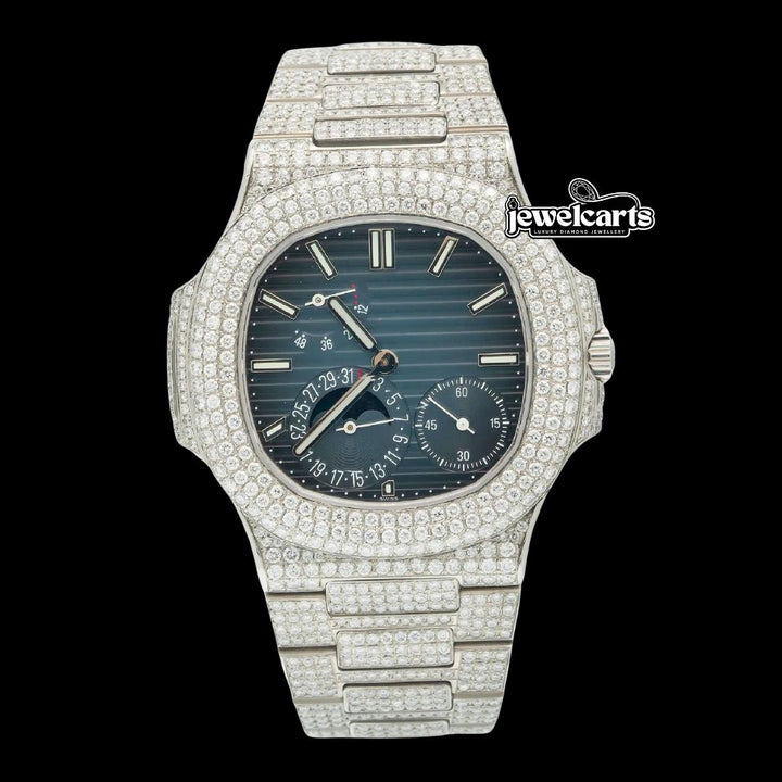 Patek Philippe Nautilus Stick Markers Blue Dial Moonphase Fully Iced Out Moissanite Watch Front View