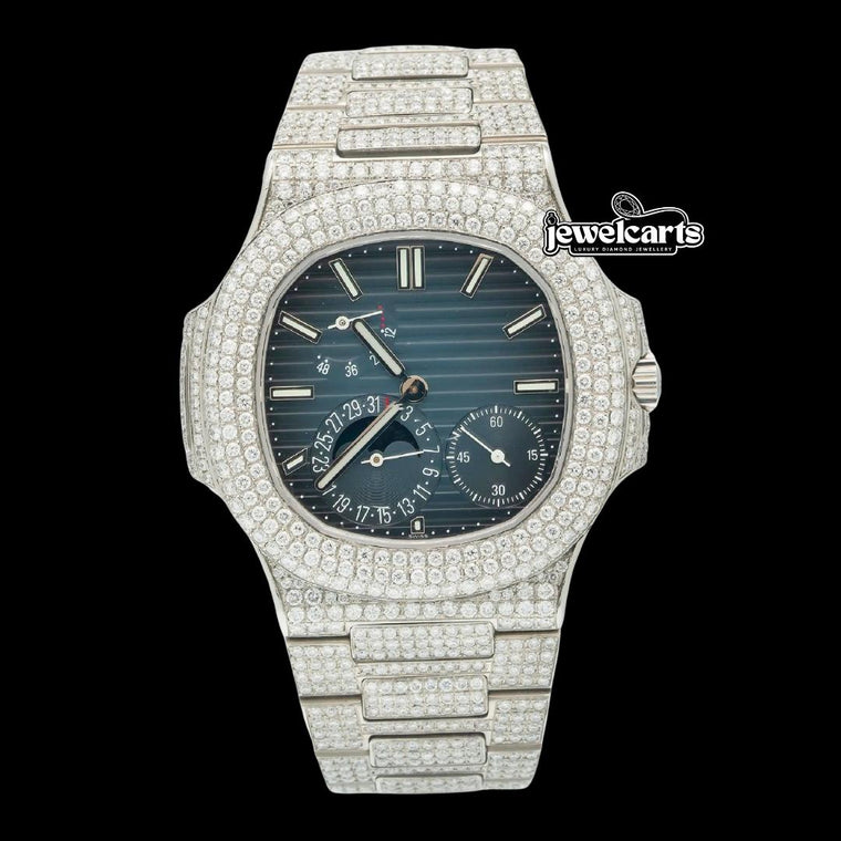 Patek Philippe Nautilus Stick Markers Blue Dial Moonphase Fully Iced Out Moissanite Watch Front View