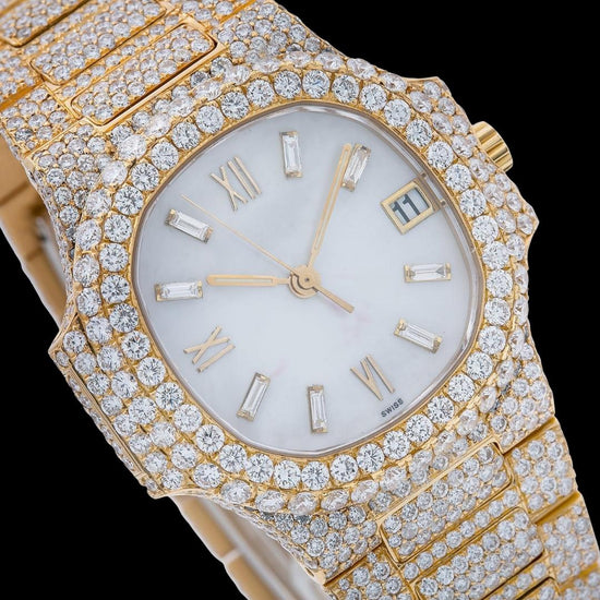 Patek Philippe Nautilus White Dial Stick Markers Yellow Gold Fully Iced Out Moissanite Watch Close Up Dial View