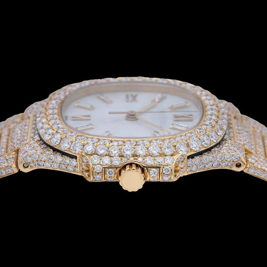 Patek Philippe Nautilus White Dial Stick Markers Yellow Gold Fully Iced Out Moissanite Watch Crown View