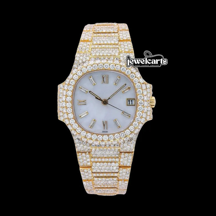 Patek Philippe Nautilus White Dial Stick Markers Yellow Gold Fully Iced Out Moissanite Watch Front View