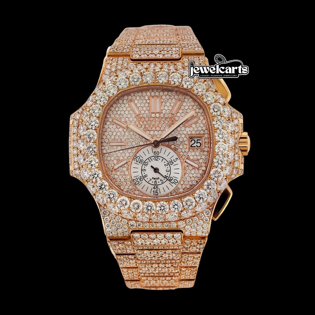 Patek Philippe Nautilus White Subdial Stick Markers Rose Gold Iced Out Moissanite Watch Front View