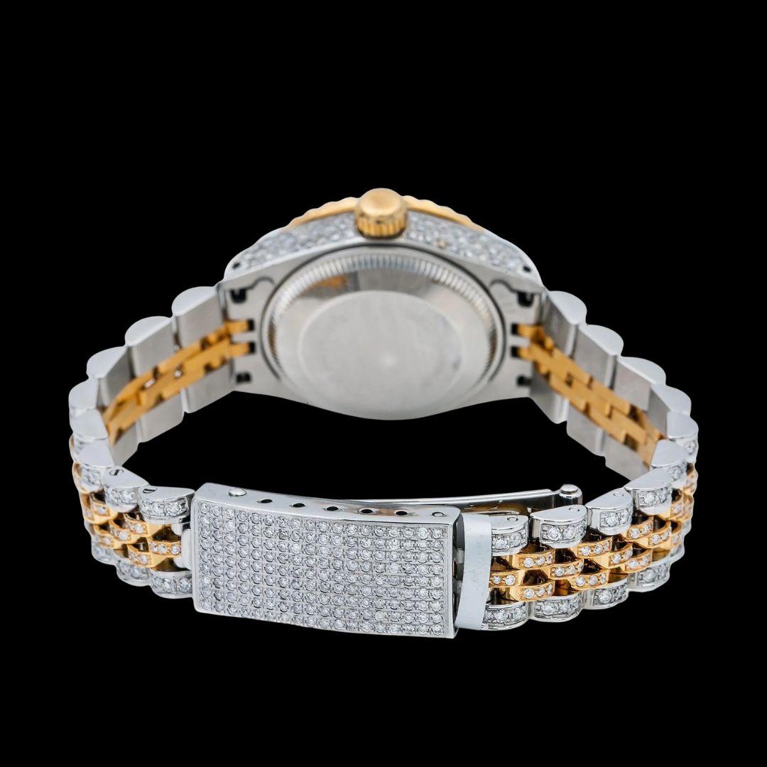 Pink Mother of Pearl Diamond Markers Dial Rolex Datejust Two Tone Yellow Gold Jubilee Iced Out Moissanite Watch Caseback View