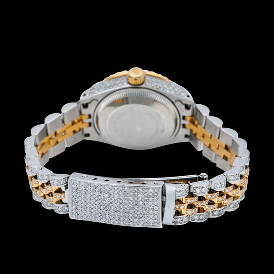 Pink Mother of Pearl Diamond Markers Dial Rolex Datejust Two Tone Yellow Gold Jubilee Iced Out Moissanite Watch Caseback View