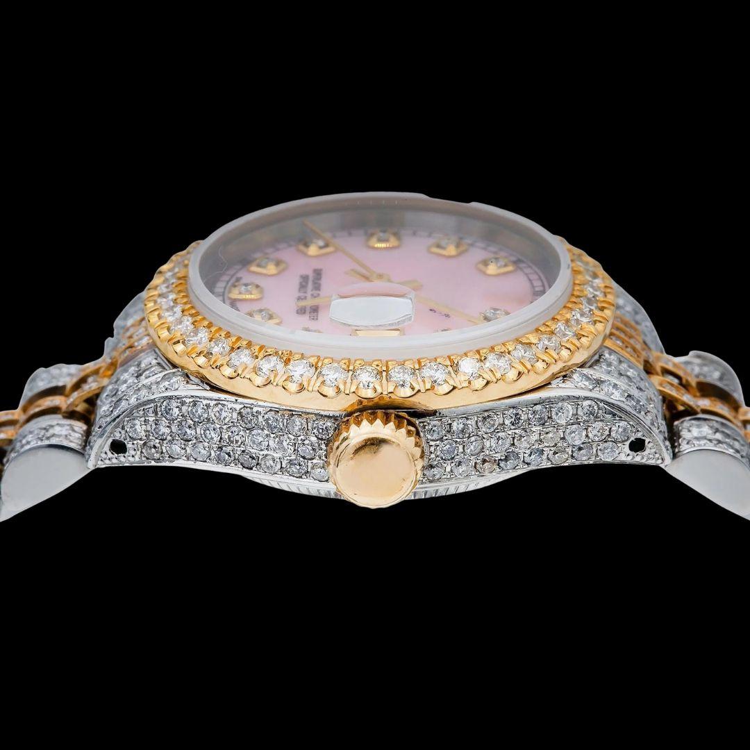 Pink Mother of Pearl Diamond Markers Dial Rolex Datejust Two Tone Yellow Gold Jubilee Iced Out Moissanite Watch Crown View