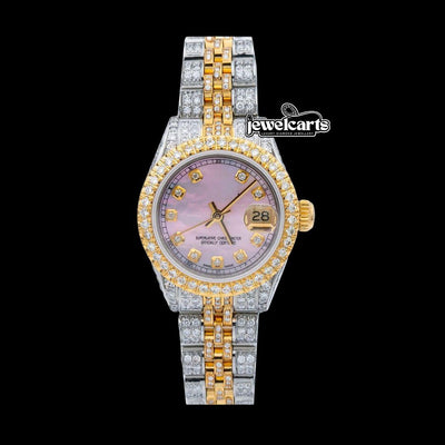 Pink Mother of Pearl Diamond Markers Dial Rolex Datejust Two Tone Yellow Gold Jubilee Iced Out Moissanite Watch