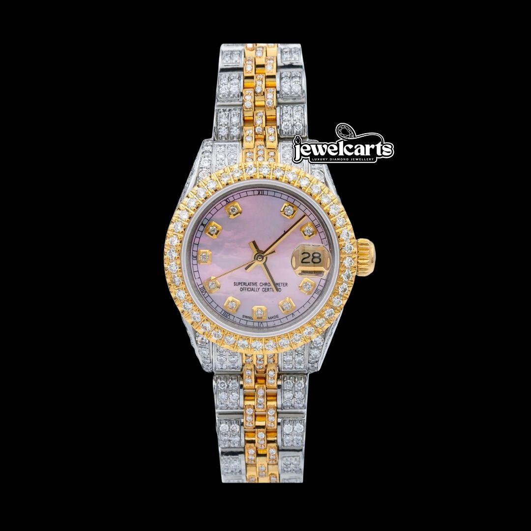Pink Mother of Pearl Diamond Markers Dial Rolex Datejust Two Tone Yellow Gold Jubilee Iced Out Moissanite Watch Front View