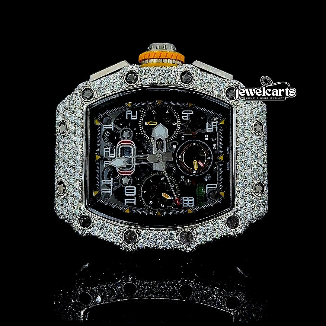 Richard Mille RM 011 Chronograph Dial Semi Iced Out Rubber Strap Moissanite Watch Front View