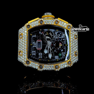 Richard Mille RM 011 Chronograph Dial Yellow Gold Semi Iced Out Rubber Strap Watch