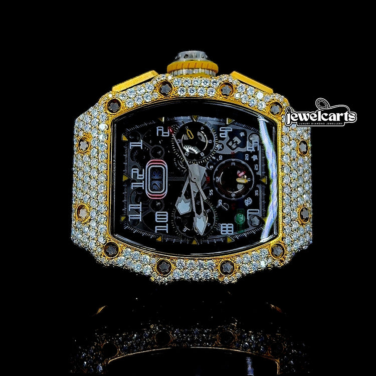 Richard Mille RM 011 Chronograph Dial Yellow Gold Semi Iced Out Rubber Strap Watch Front View