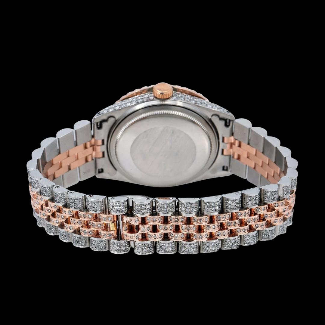 Rolex Black Dial Diamond Roman Numerals Two Tone Rose Gold Jubilee Bracelet Moissanite Watch Caseback View