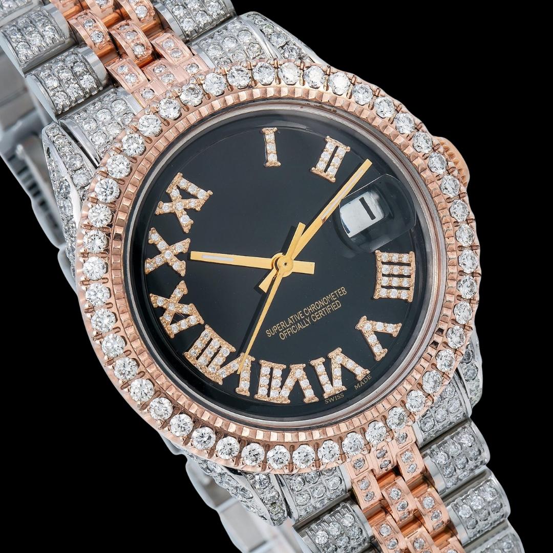 Rolex Black Dial Diamond Roman Numerals Two Tone Rose Gold Jubilee Bracelet Moissanite Watch Close Up Dial View