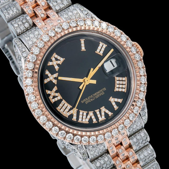 Rolex Black Dial Diamond Roman Numerals Two Tone Rose Gold Jubilee Bracelet Moissanite Watch Close Up Dial View