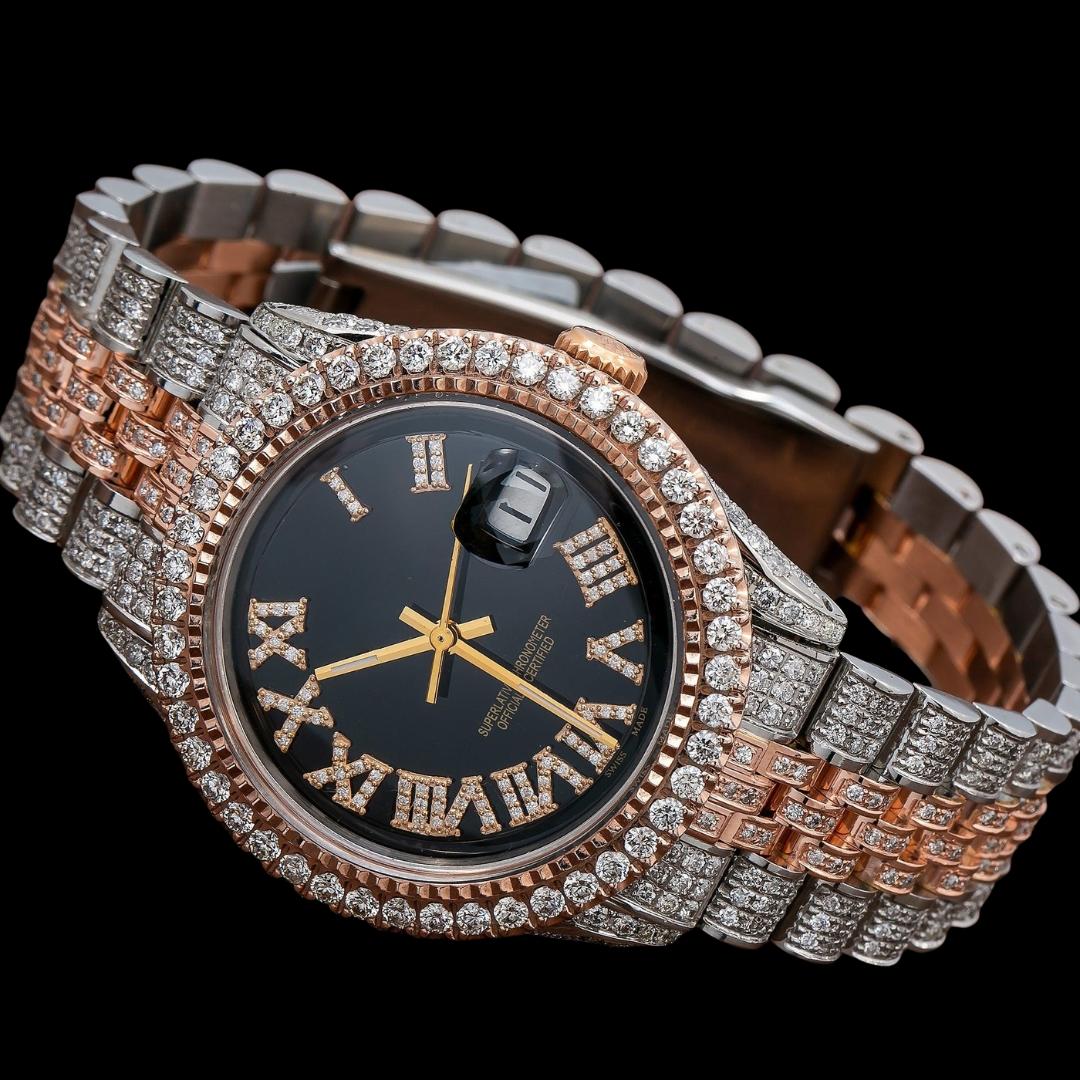 Rolex Black Dial Diamond Roman Numerals Two Tone Rose Gold Jubilee Bracelet Moissanite Watch Close Up Front View