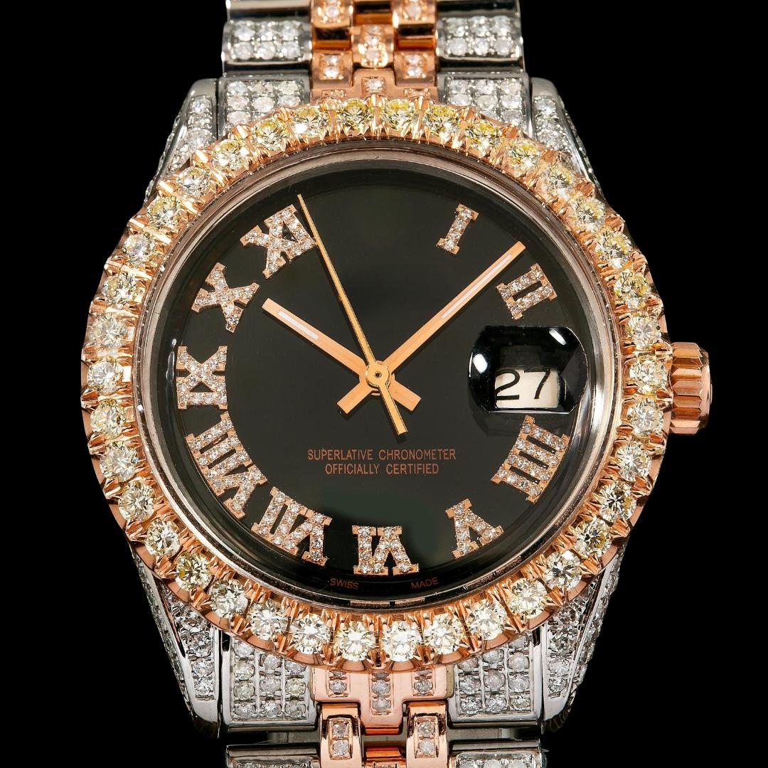 Rolex Black Dial Diamond Roman Numerals Two Tone Rose Gold Jubilee Bracelet Moissanite Watch Close Up Numerals View