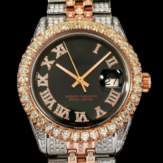 Rolex Black Dial Diamond Roman Numerals Two Tone Rose Gold Jubilee Bracelet Moissanite Watch Close Up Numerals View