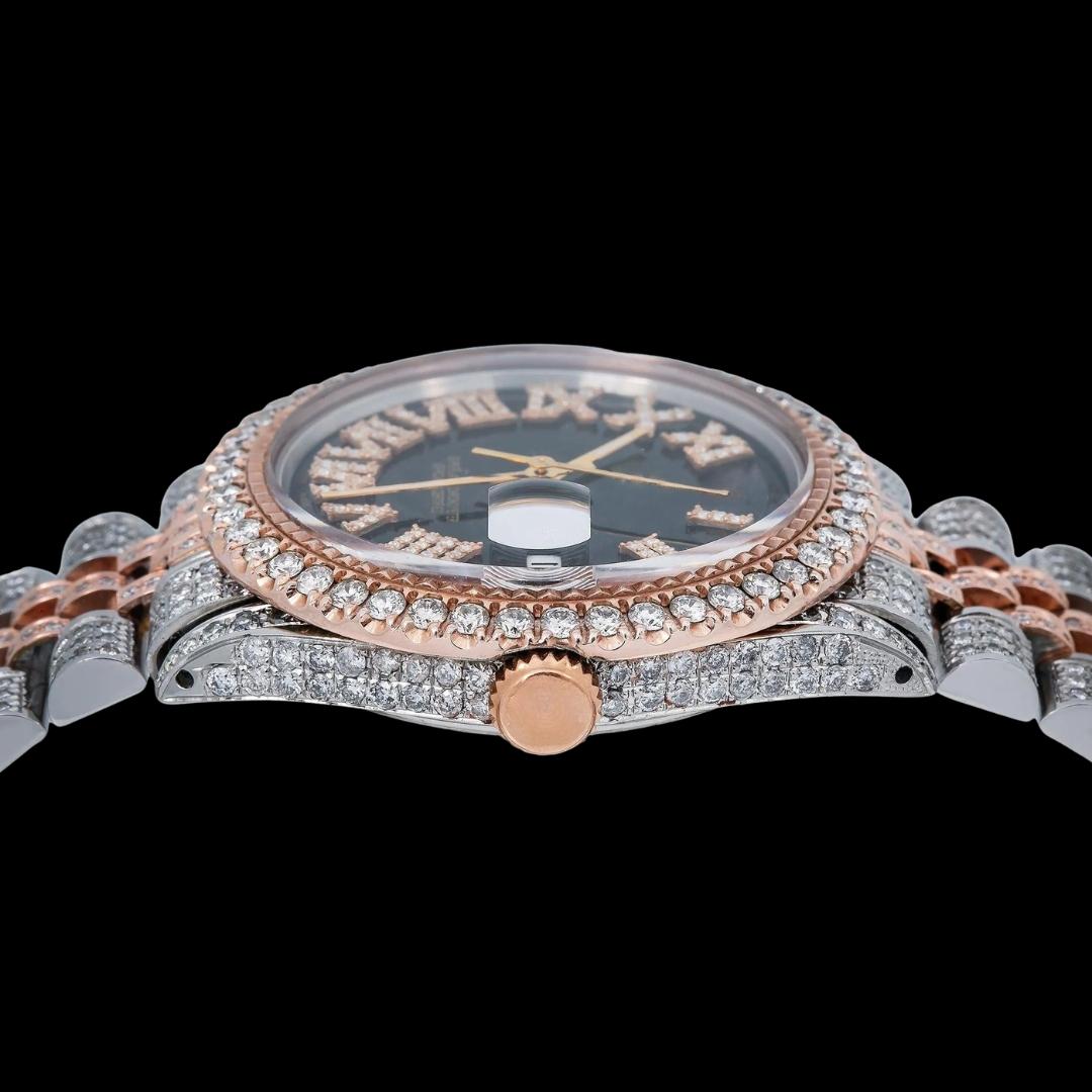 Rolex Black Dial Diamond Roman Numerals Two Tone Rose Gold Jubilee Bracelet Moissanite Watch Crown View
