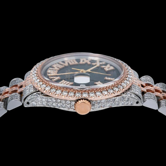 Rolex Black Dial Diamond Roman Numerals Two Tone Rose Gold Jubilee Bracelet Moissanite Watch Crown View