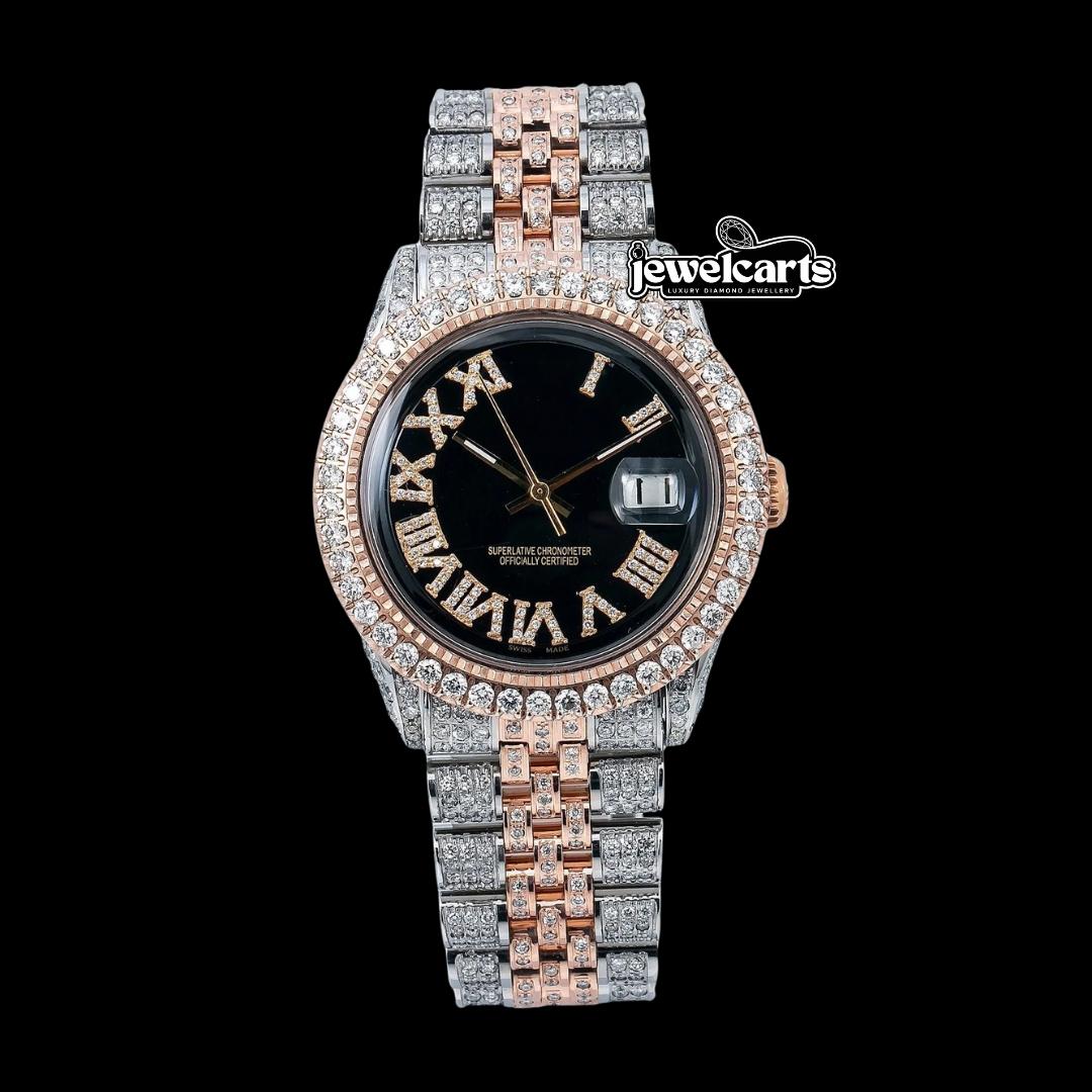Rolex Black Dial Diamond Roman Numerals Two Tone Rose Gold Jubilee Bracelet Moissanite Watch Front View