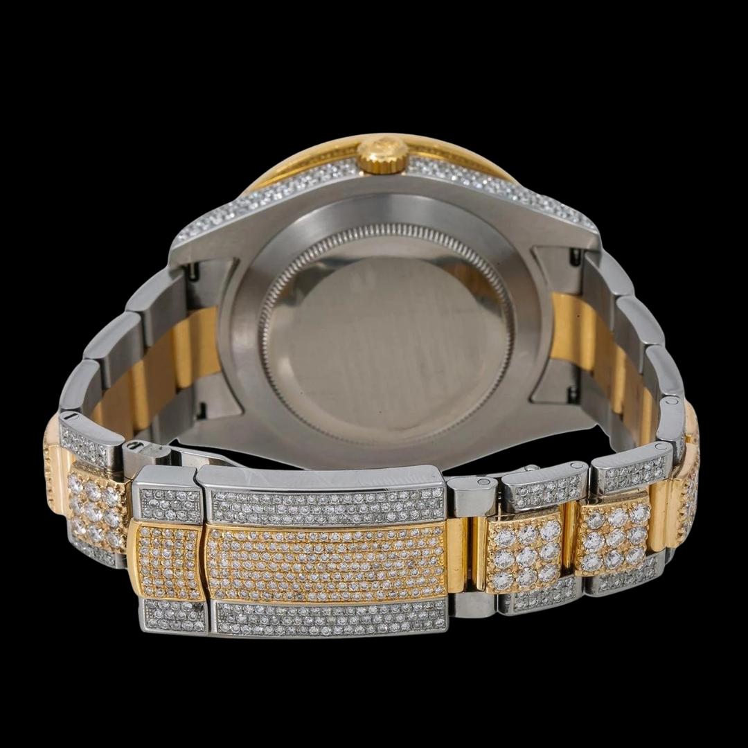 Rolex Black Dial Roman Numerals Diamond Bezel Two Tone Yellow Gold Oyster Bracelet Iced Out Moissanite Watch Caseback View