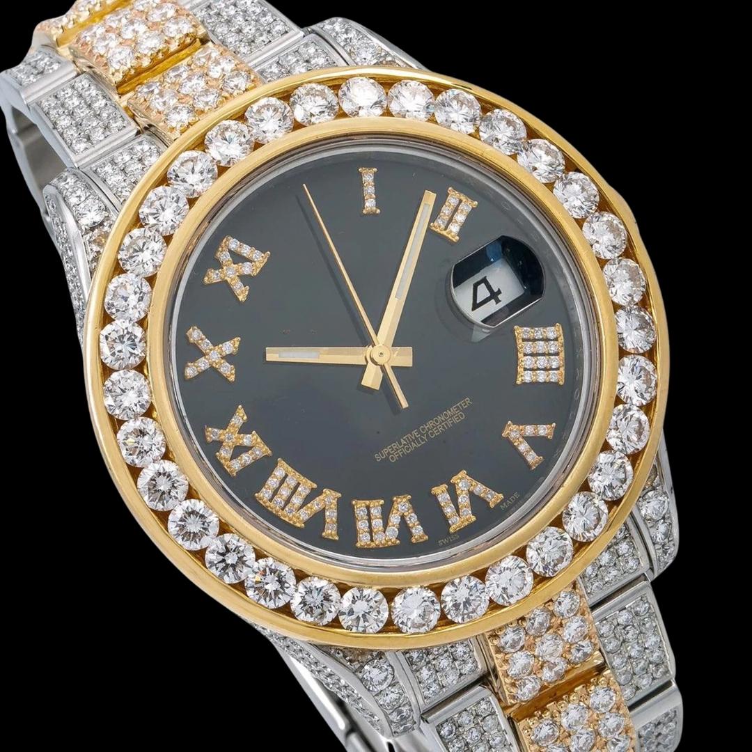 Rolex Black Dial Roman Numerals Diamond Bezel Two Tone Yellow Gold Oyster Bracelet Iced Out Moissanite Watch Close Up Dial View