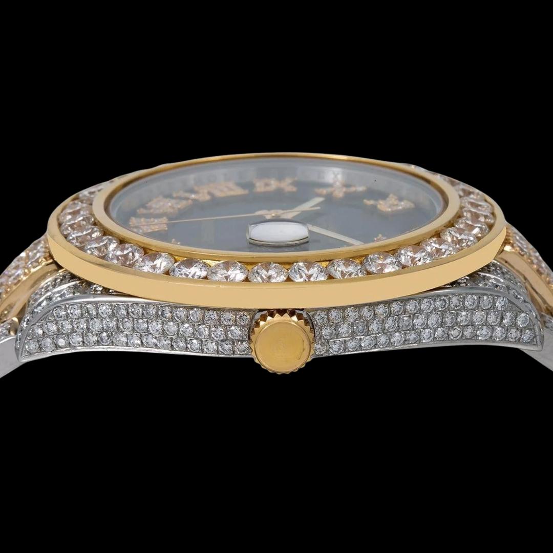 Rolex Black Dial Roman Numerals Diamond Bezel Two Tone Yellow Gold Oyster Bracelet Iced Out Moissanite Watch Crown View