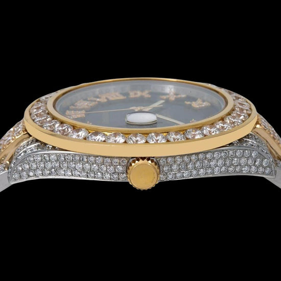 Rolex Black Dial Roman Numerals Diamond Bezel Two Tone Yellow Gold Oyster Bracelet Iced Out Moissanite Watch Crown View