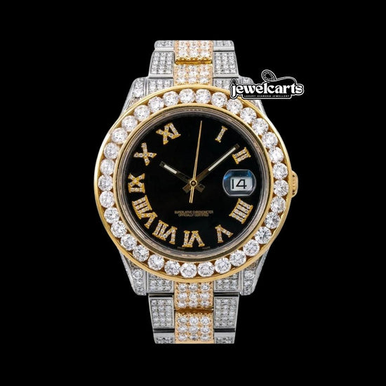 Rolex Black Dial Roman Numerals Diamond Bezel Two Tone Yellow Gold Oyster Bracelet Iced Out Moissanite Watch Front View