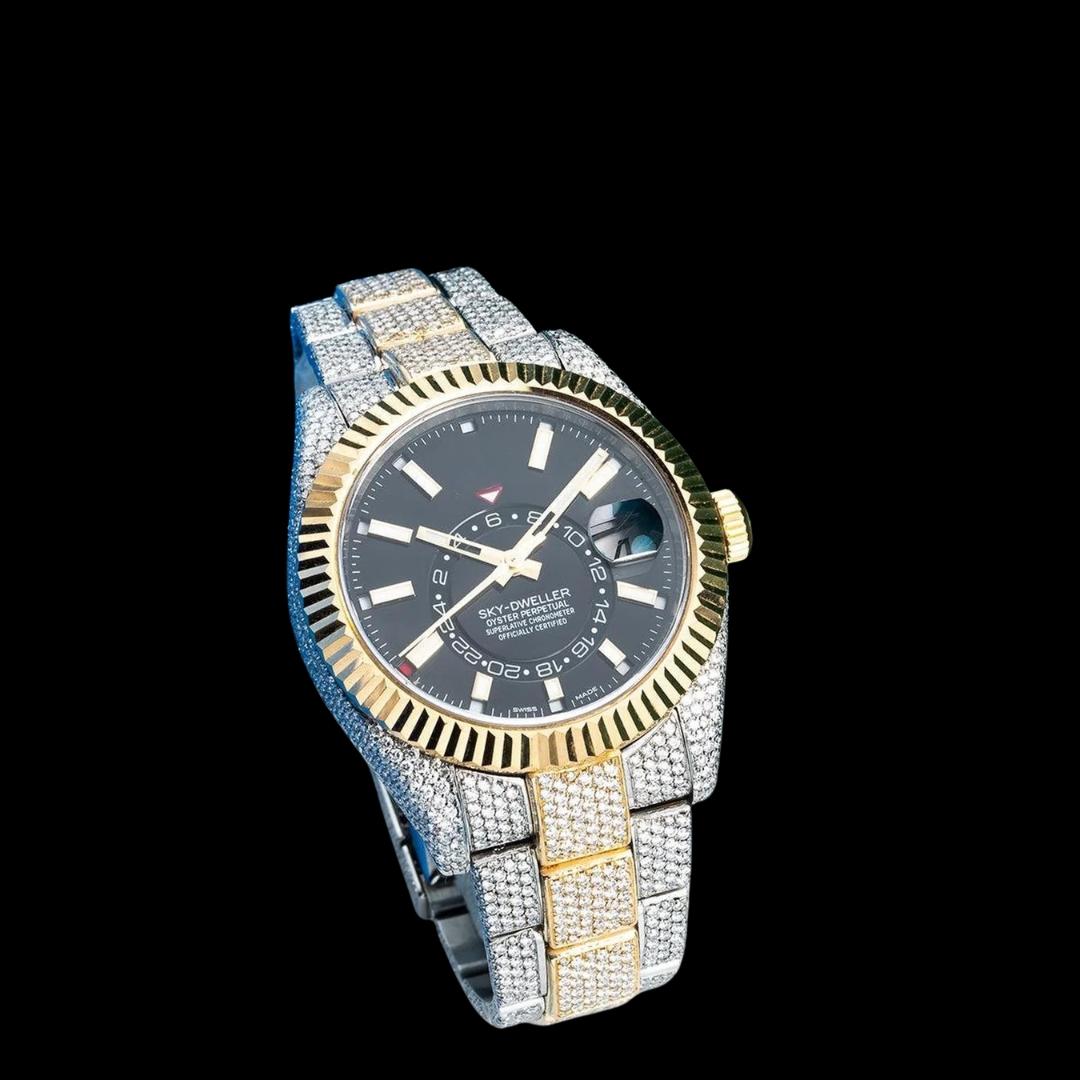 Rolex Black Dial Sky-Dweller Stick Markers Fluted Bezel Two Tone Oyster Bracelet Yellow Gold Moissanite Watch Bezel View