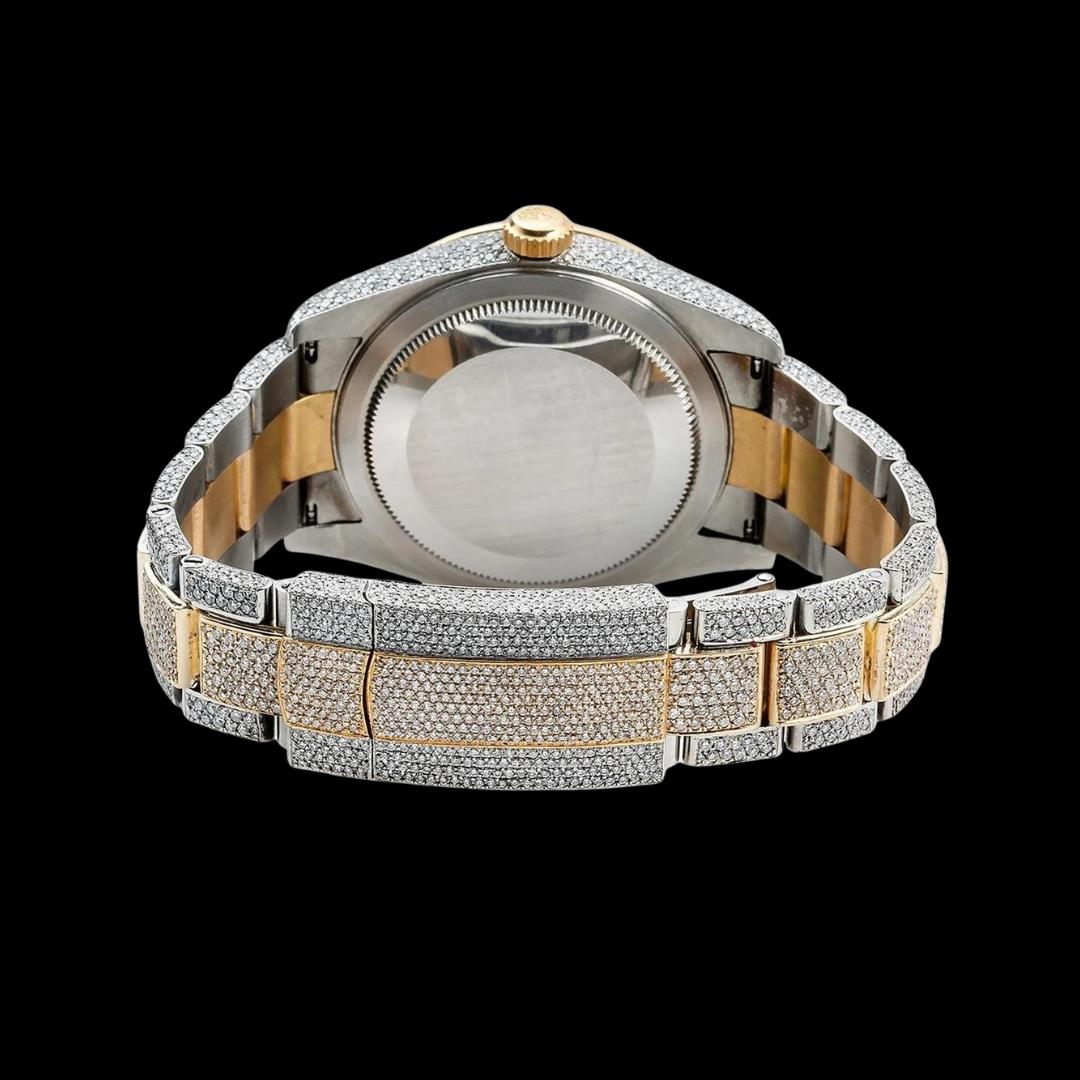 Rolex Black Dial Sky-Dweller Stick Markers Fluted Bezel Two Tone Oyster Bracelet Yellow Gold Moissanite Watch Caseback View