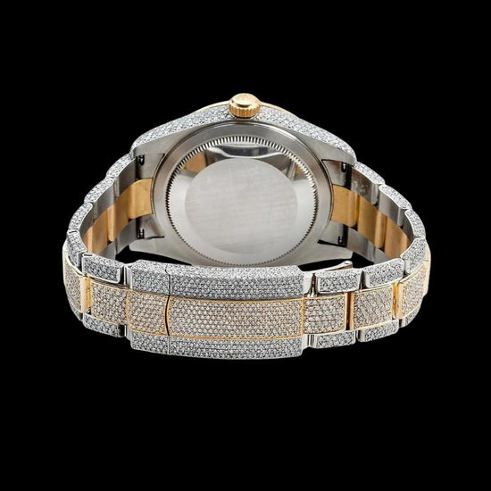 Rolex Black Dial Sky-Dweller Stick Markers Fluted Bezel Two Tone Oyster Bracelet Yellow Gold Moissanite Watch Caseback View